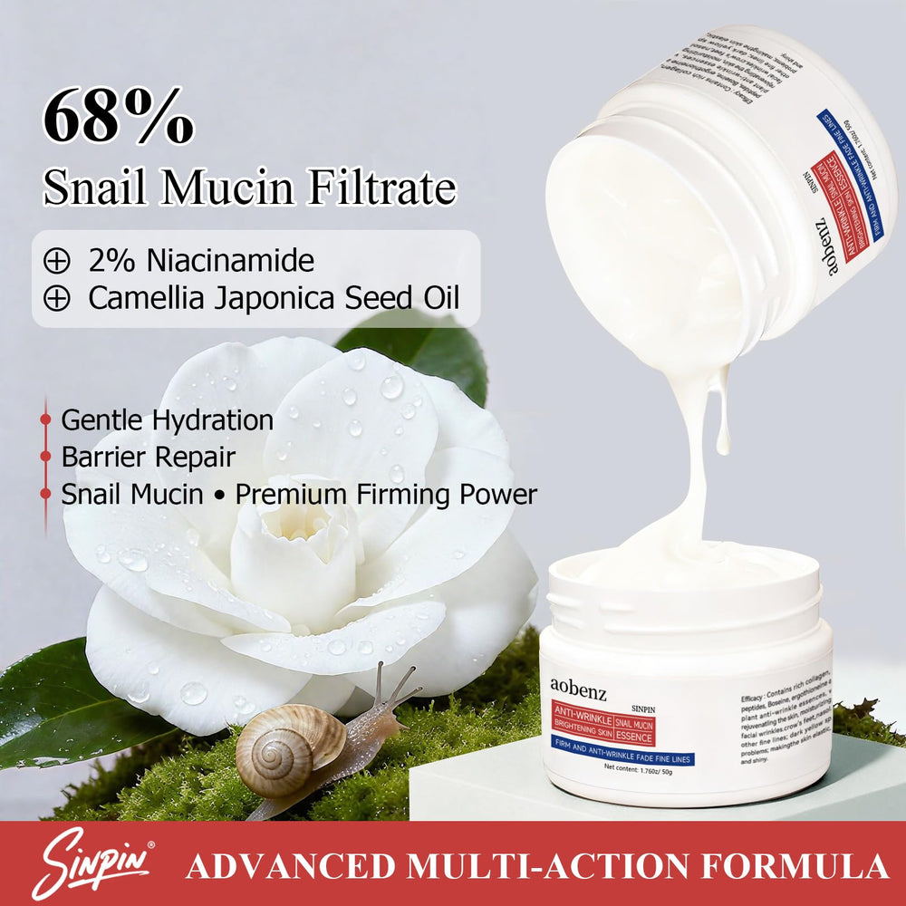 aobenz snail mucin 68-percent bottle applying to skin, promoting firming feel