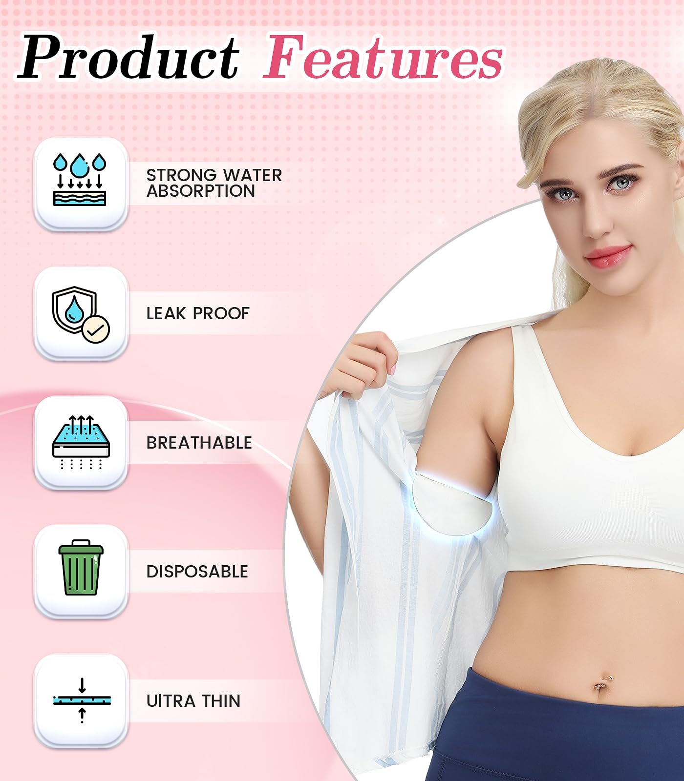 Adhesive sweat pad applied to clothing for moisture control.