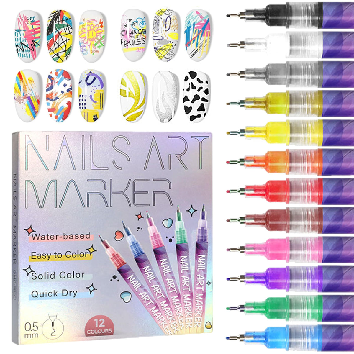 AOKELEON 12 colors nail art pens set for vibrant at-home designs.