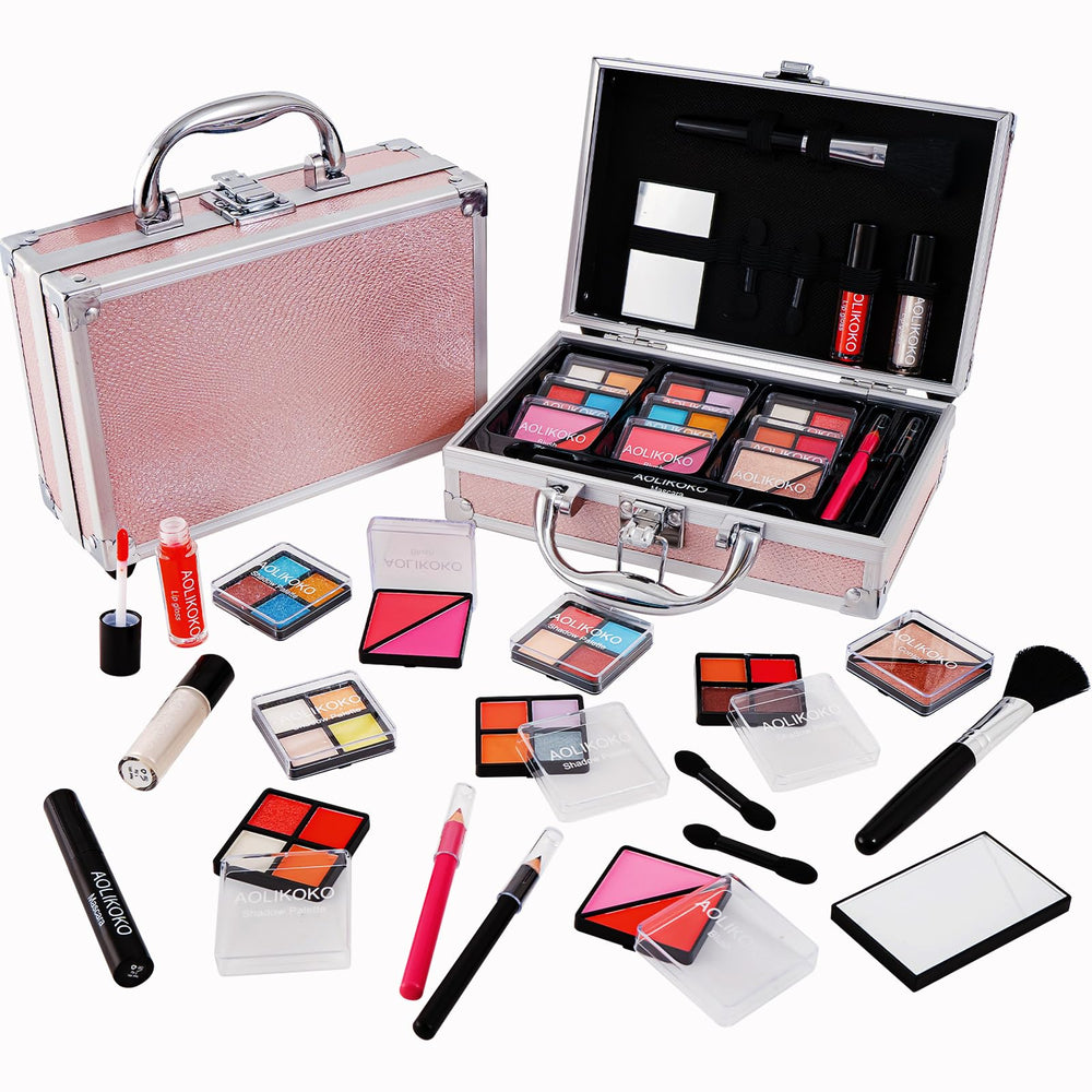 AOLIKOKO pink train case makeup kit for on-the-go looks
