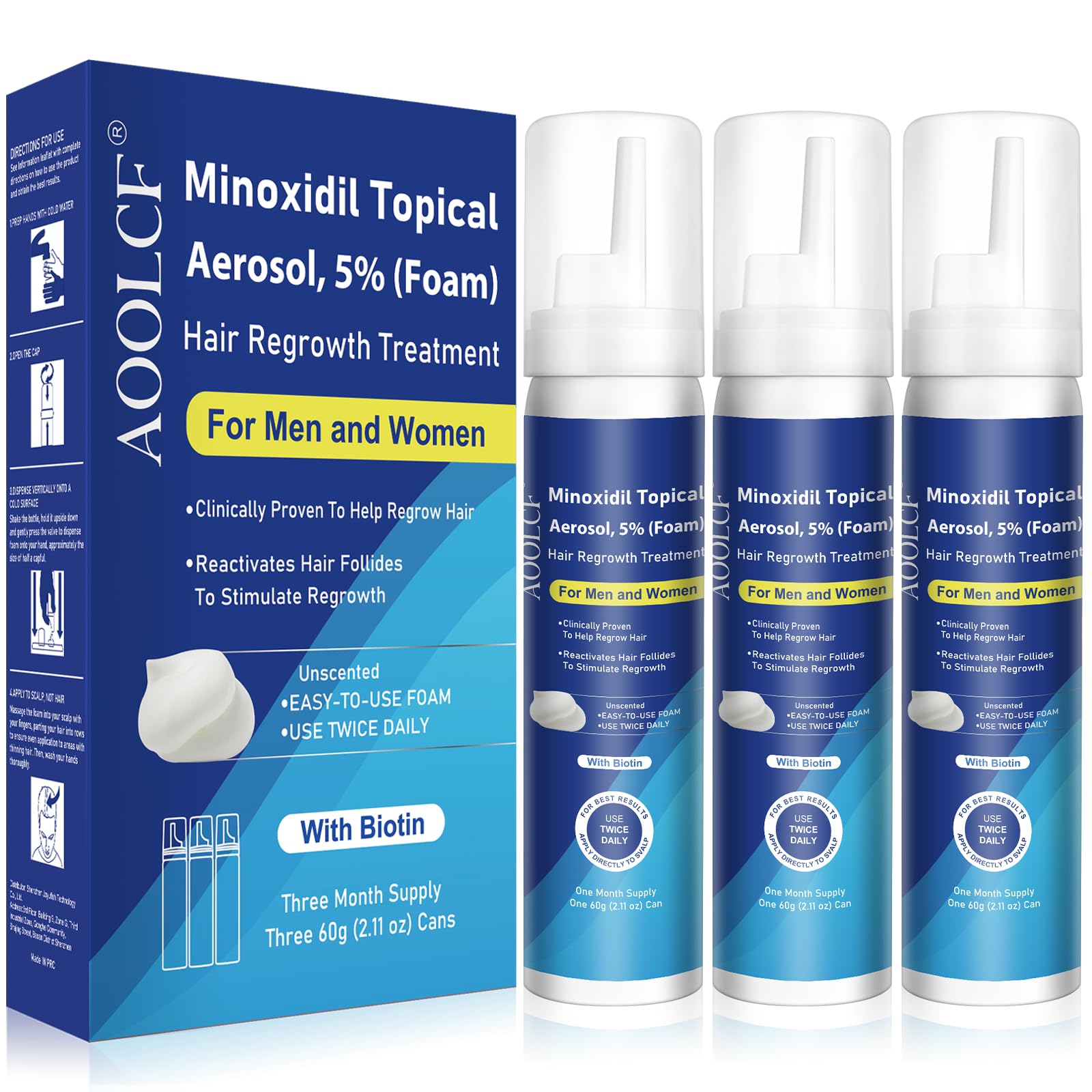 AOOLCF 5% Minoxidil Foam bottle showing the product designed for fuller hair.