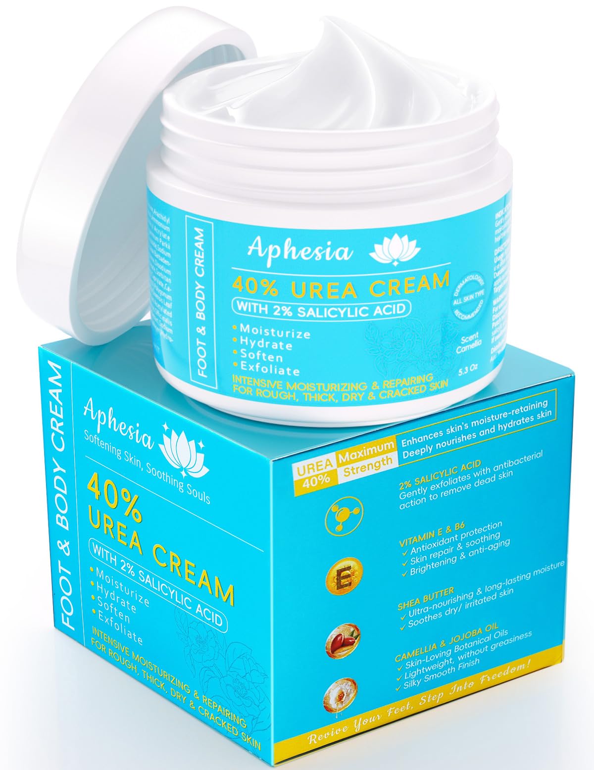 Aphesia Urea Cream 40% tub closeup showing rich, non-greasy hydration.