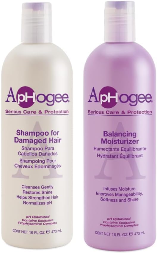 Aphogee shampoo and balancing moisturizer set for damaged hair, color-safe and moisture protection.