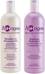 Aphogee shampoo and balancing moisturizer set for damaged hair, color-safe and moisture protection.