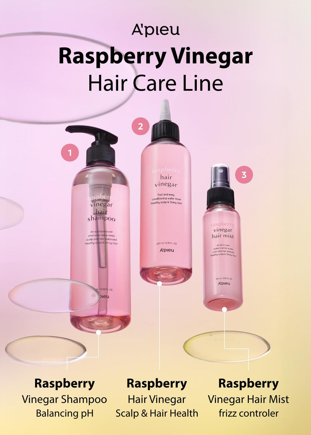 Front label of A'PIEU Raspberry Vinegar Shampoo signals mild, effective treatment.