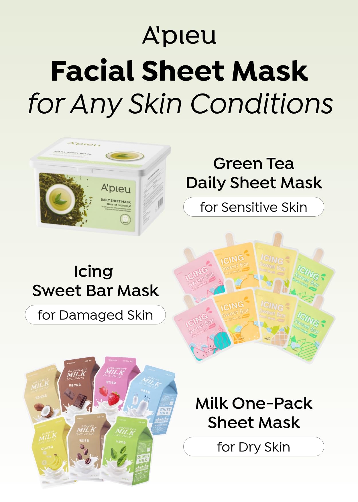A'PIEU Daily Sheet Mask Green Tea 30-day supply visual highlights ongoing skin care potential
