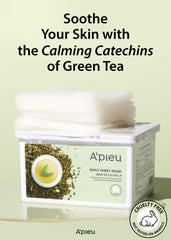 A'PIEU Daily Sheet Mask Green Tea being applied demonstrates quick, soothing skincare routine