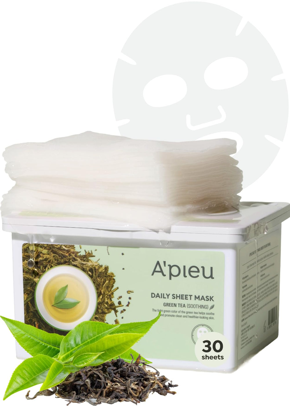 A'PIEU Daily Sheet Mask Green Tea packaging highlights moisturizing formula for all-day hydration