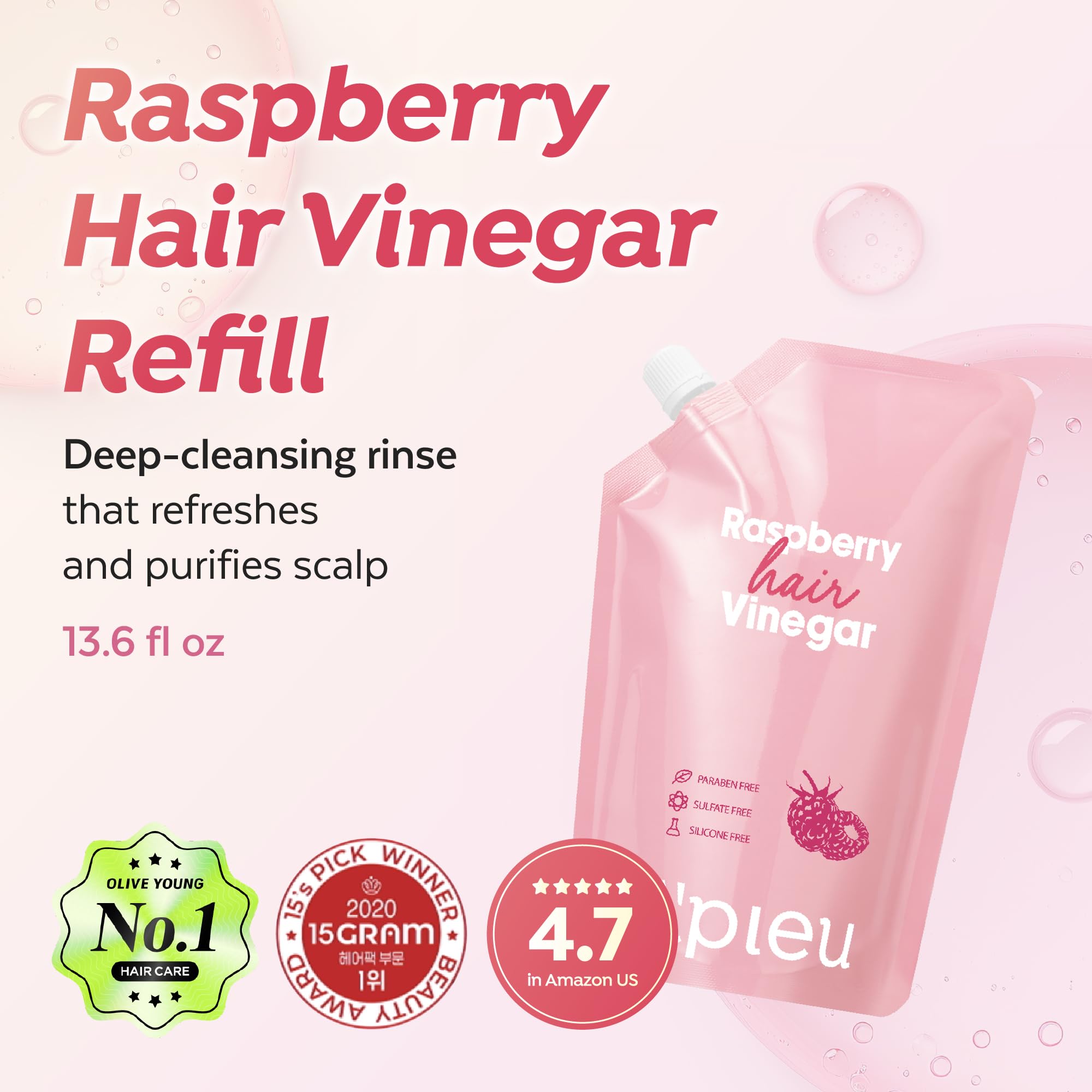 A’PIEU Raspberry Hair Vinegar refill packaging emphasizing reduced plastic for sustainable care.