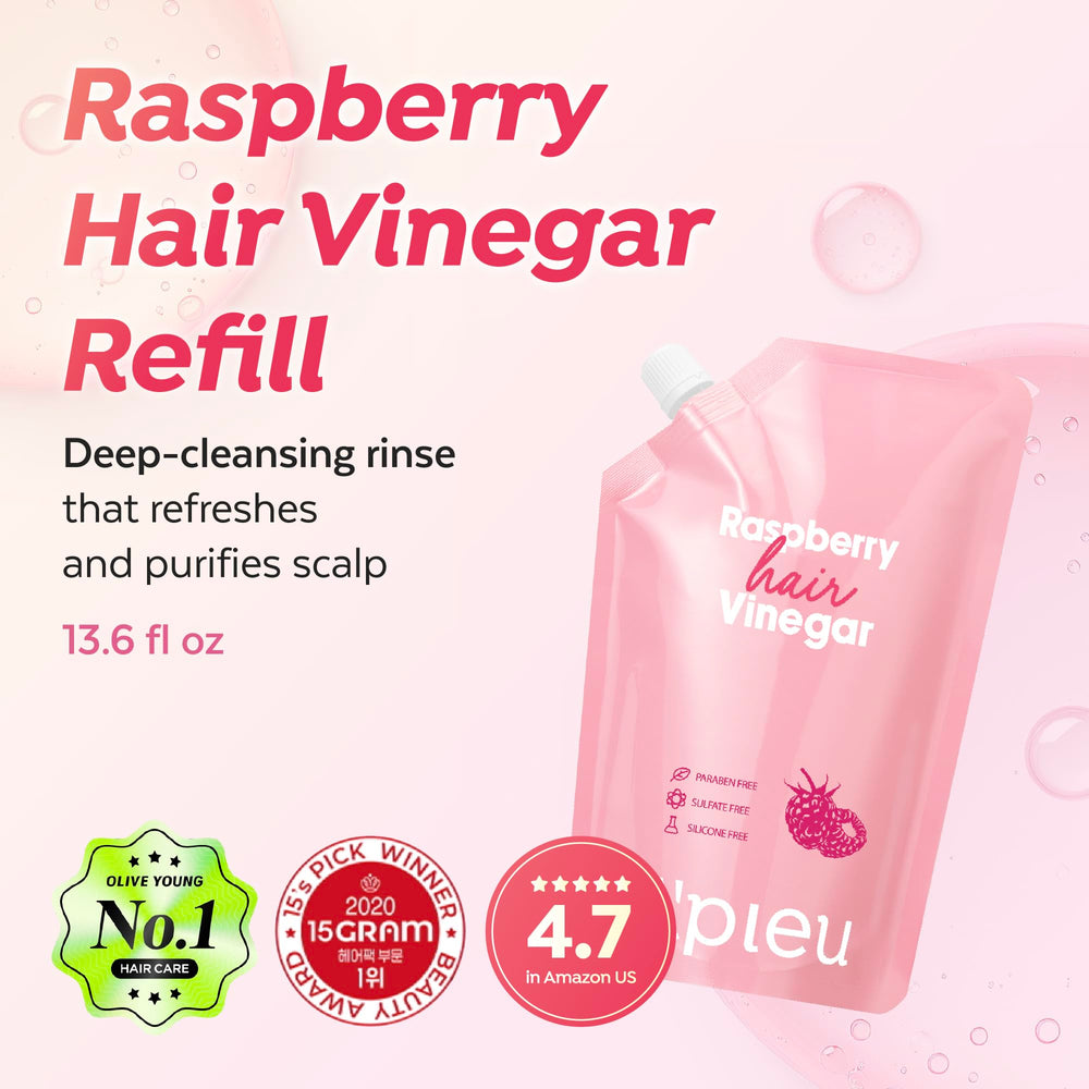A’PIEU Raspberry Hair Vinegar refill packaging emphasizing reduced plastic for sustainable care.