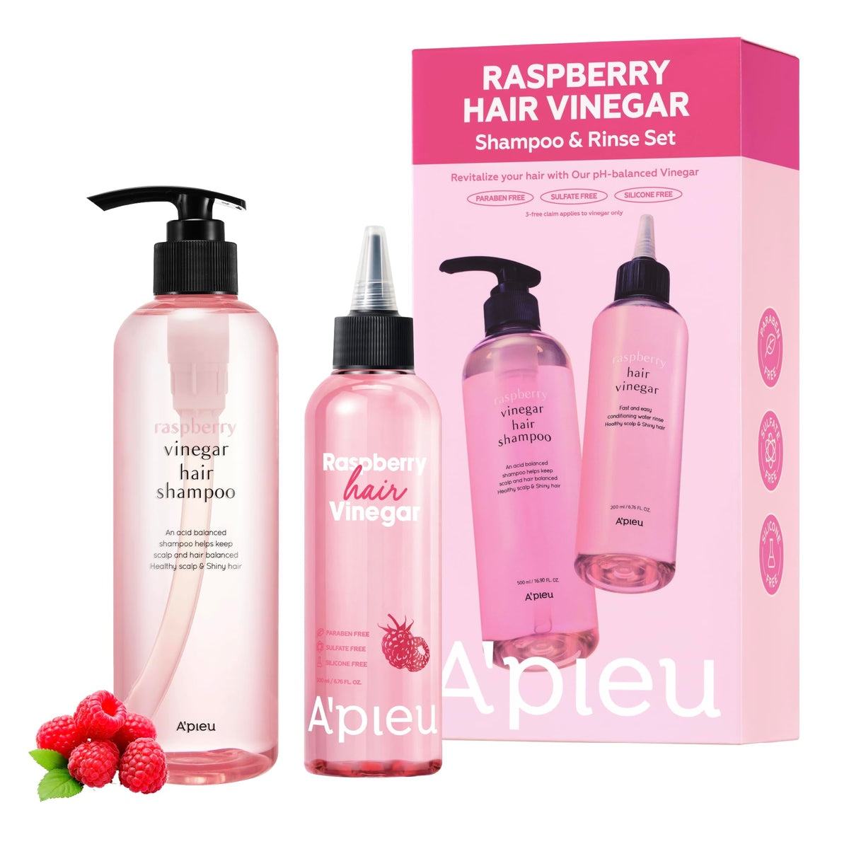 A’PIEU Raspberry Vinegar Shampoo bottle for scalp clarification and fresh hair.