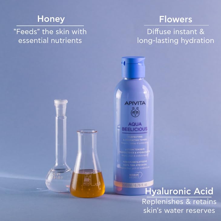 APIVITA Aqua Beelicious toner closeup highlights honey and prebiotic blend.