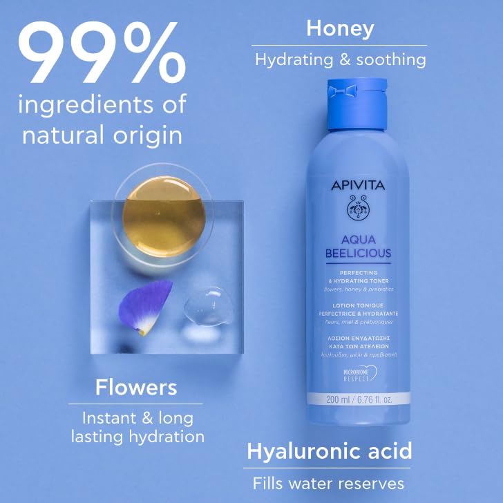 APIVITA Aqua Beelicious toner flowers and honey on label suggest natural ingredients.