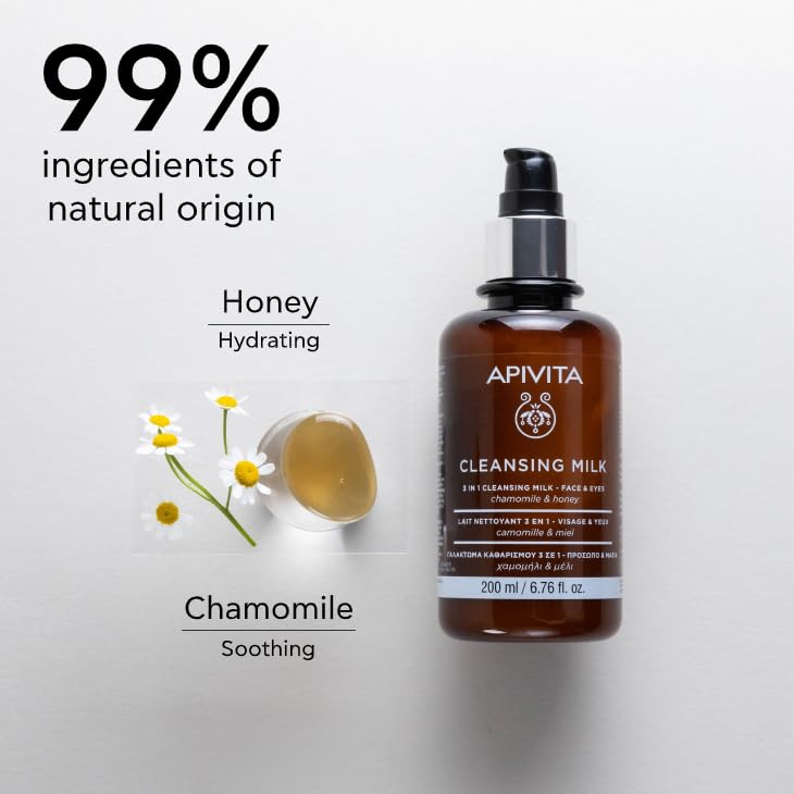 Apivita cleansing milk ingredients honey chamomile; soothing botanicals support daily skin softness.