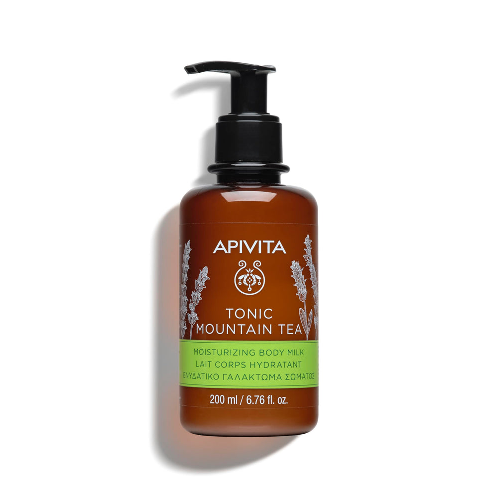 Apivita Mountain Tea Body Milk bottle delivers soothing daily hydration.