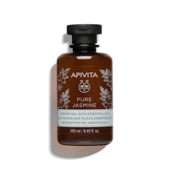 APIVITA Pure Jasmine Shower Gel bottle shows calming jasmine aroma for a soothing cleanse