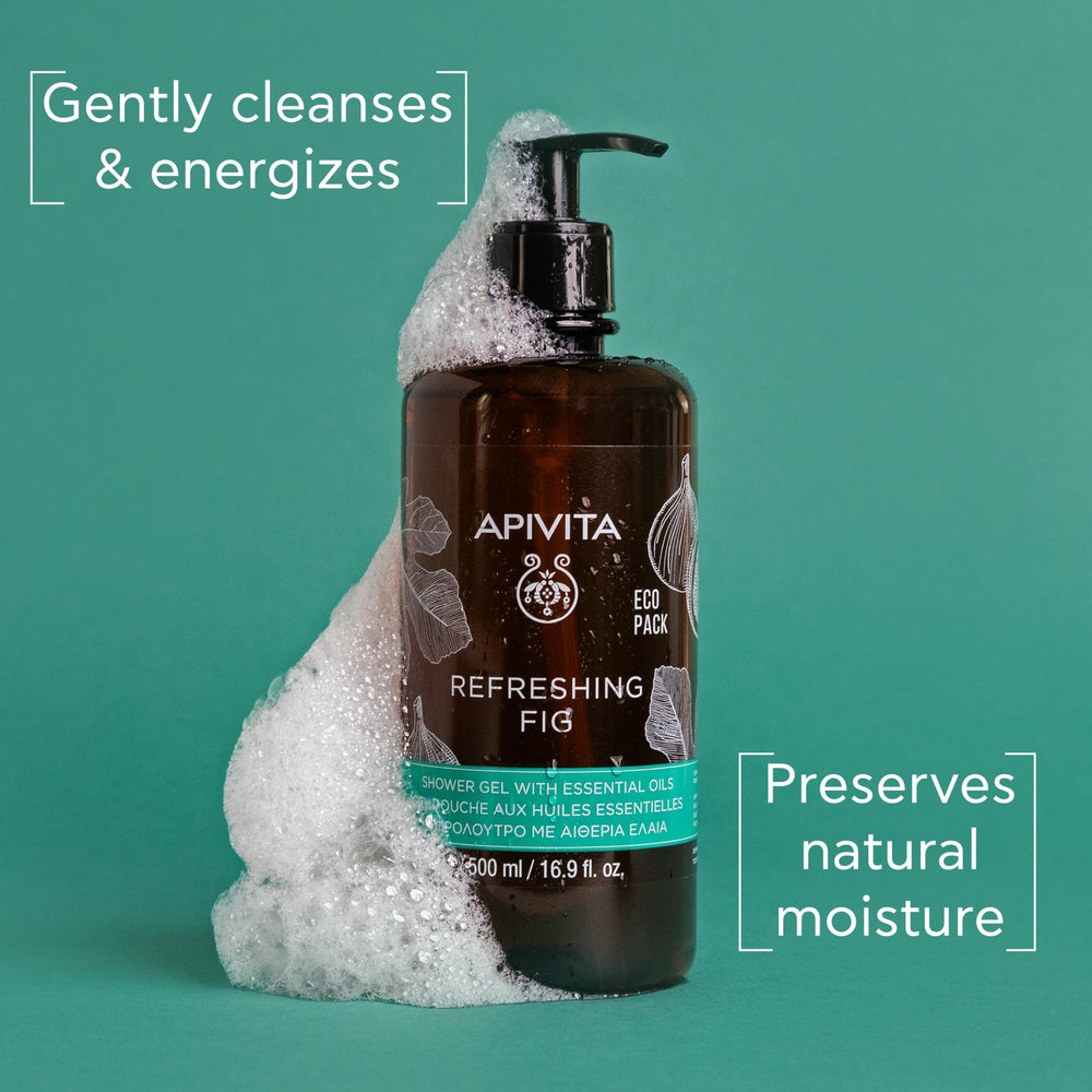 Close-up of fig extract in APIVITA shower gel highlighting moisture.