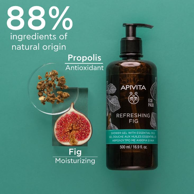 APIVITA Refreshing Fig Shower Gel being poured for a revitalizing lather.