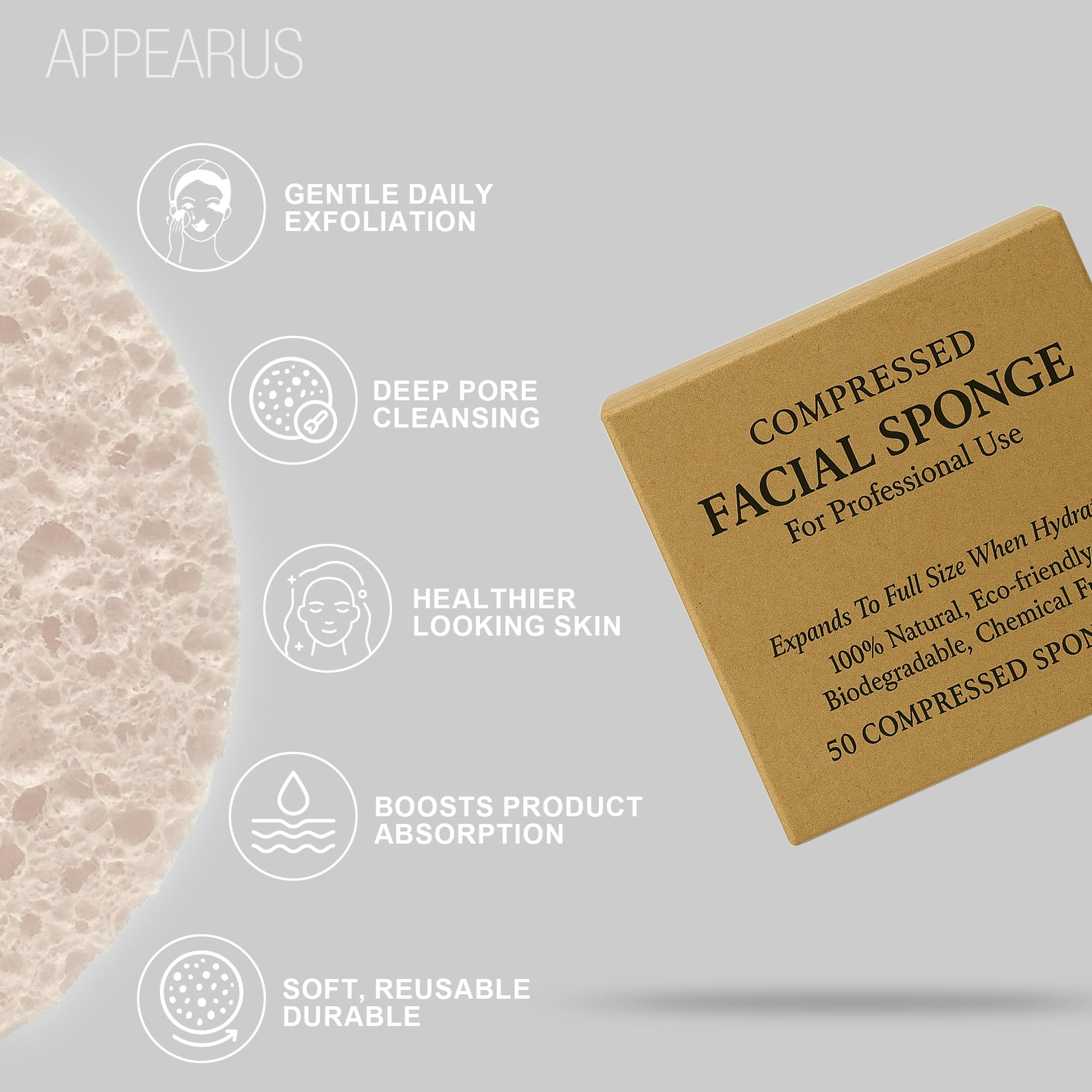Appearus 50-pack sponges ideal for makeup removal and cleansing routines.