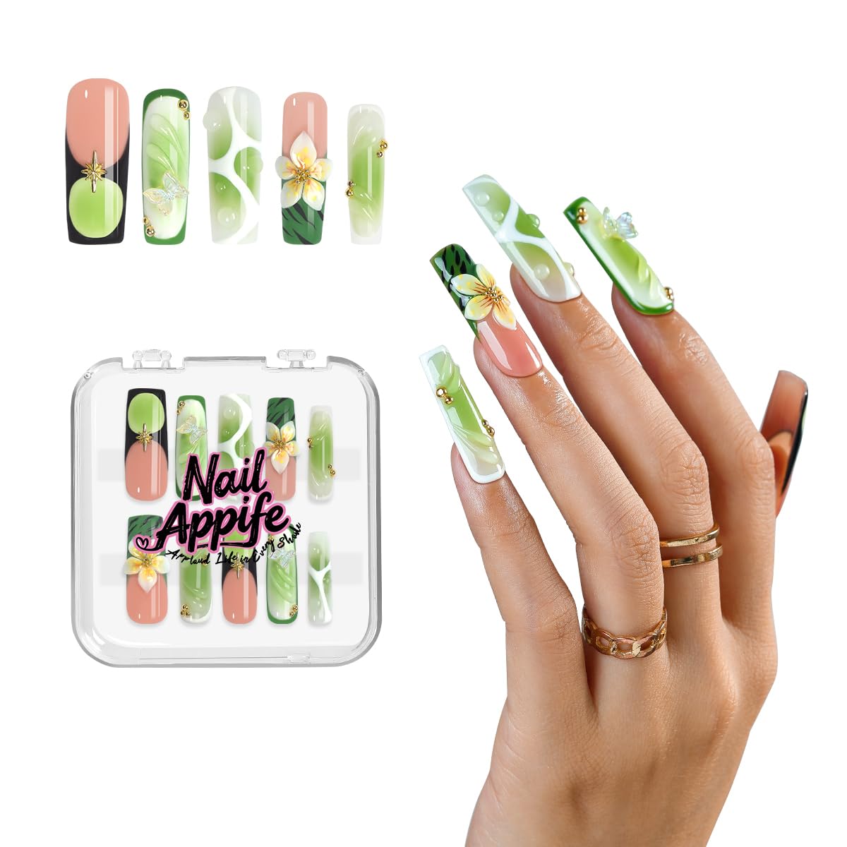 Appife green jelly gradient nails with 3D flowers and butterflies for daily wear.
