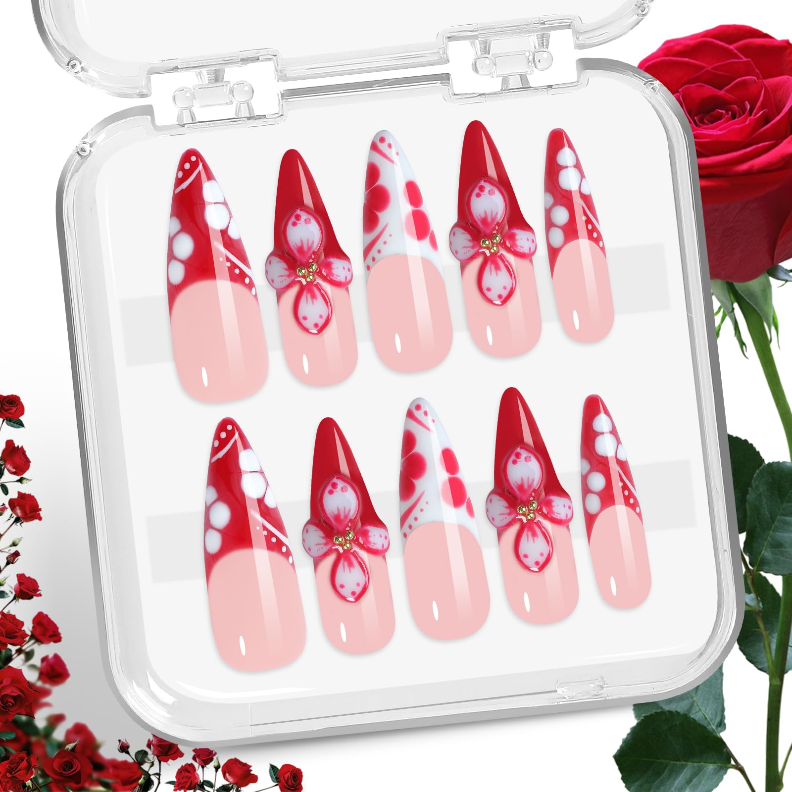 Appife Red French Press On Nails with 3D floral accents for elegant date night style.