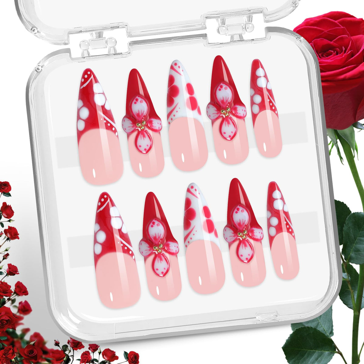 Appife Red French Press On Nails with 3D floral accents for elegant date night style.
