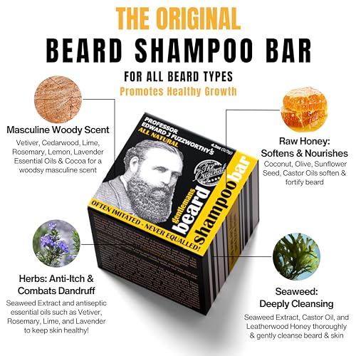 Applying Professor Fuzzworthy's beard shampoo bar to wet beard for cleansing and conditioning.
