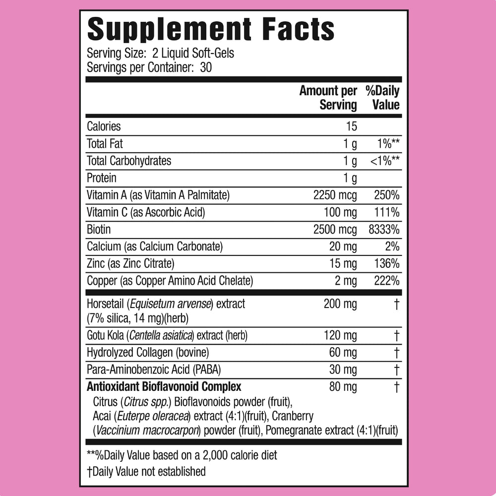 Applied Nutrition Longer Stronger Hair & Nails bottle back label shows ingredients and recommended use.