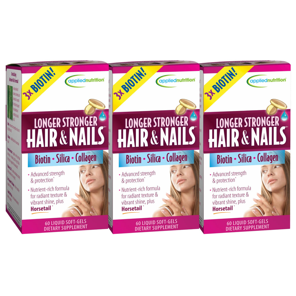 Applied Nutrition Longer Stronger Hair & Nails bottle front promotes a simple daily beauty routine.
