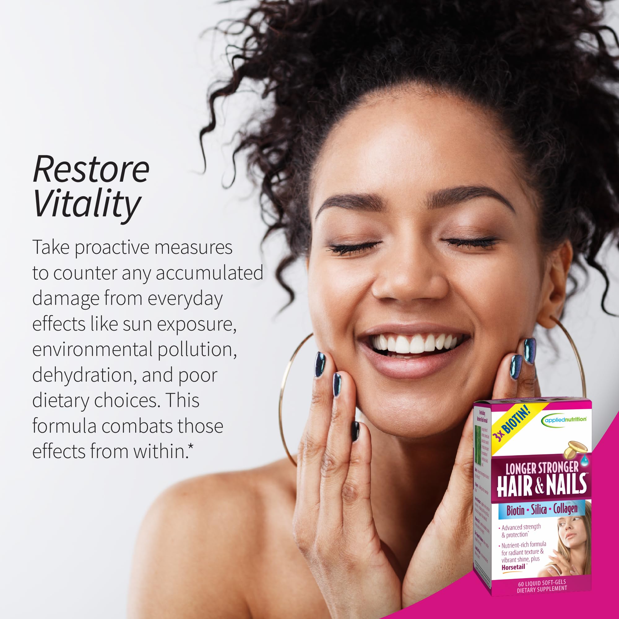 Applied Nutrition Longer Stronger Hair & Nails capsules close-up for convenient daily intake.