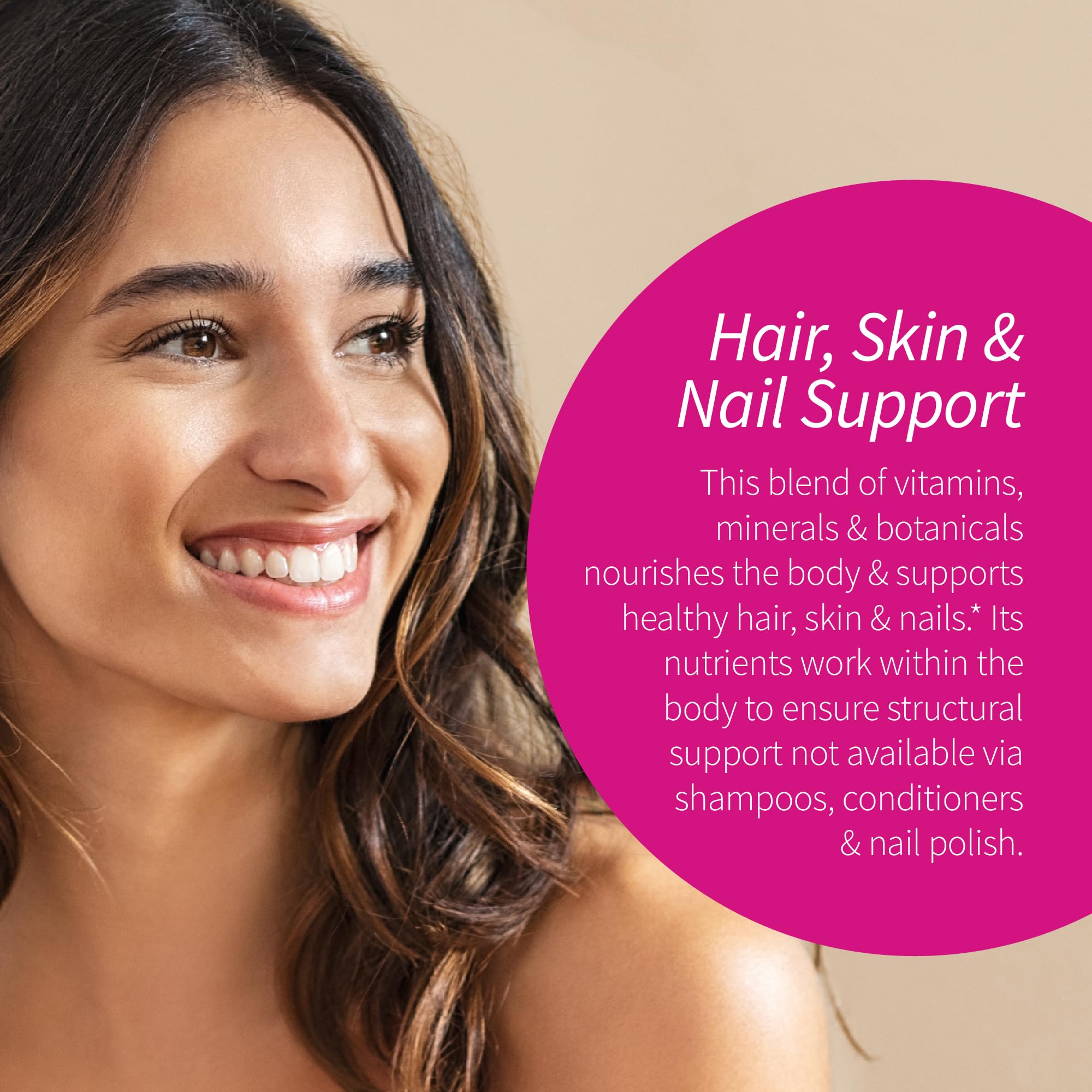 Applied Nutrition Longer Stronger Hair & Nails ingredient panel highlights biotin, silica, collagen.