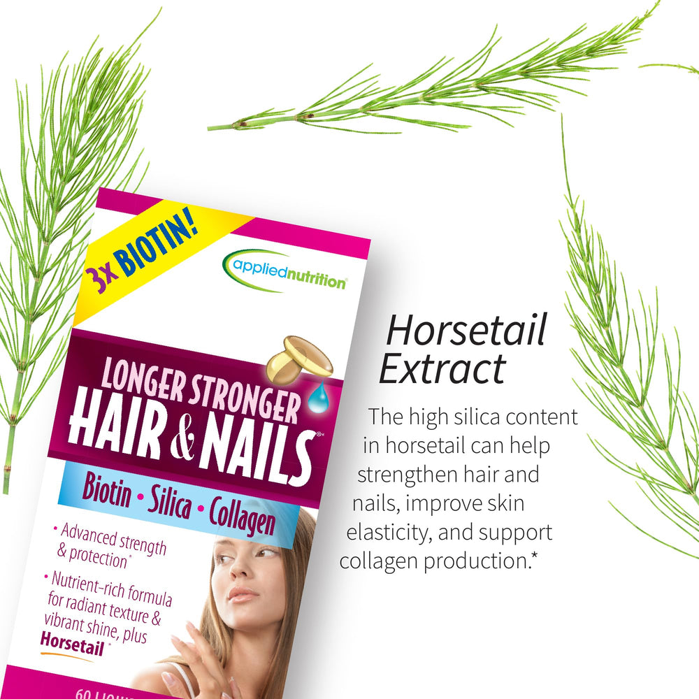 Applied Nutrition Longer Stronger Hair & Nails packaging display ideal for shelf appeal.