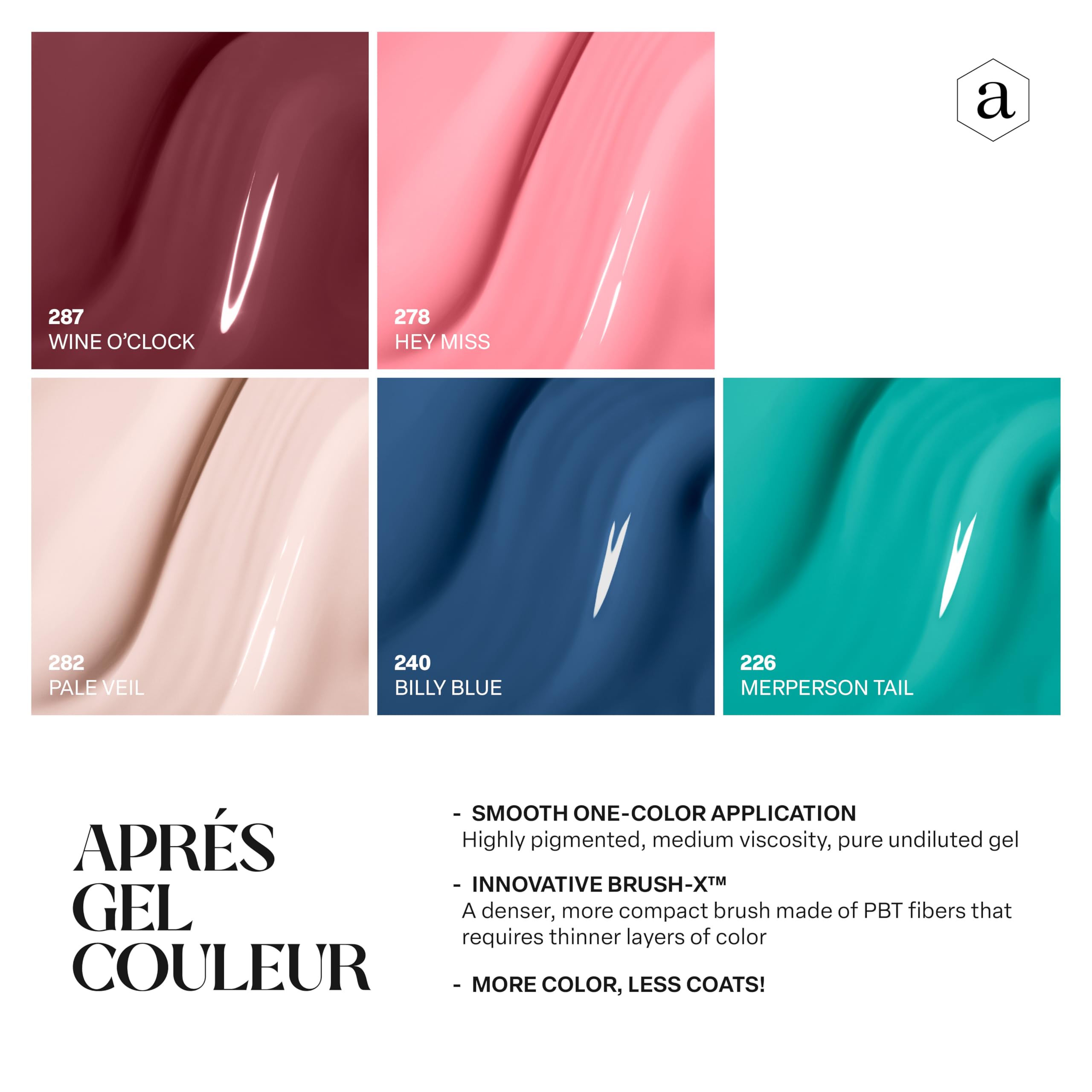 APRÉS Gel Couleur swatches show pigmented coverage for fast looks