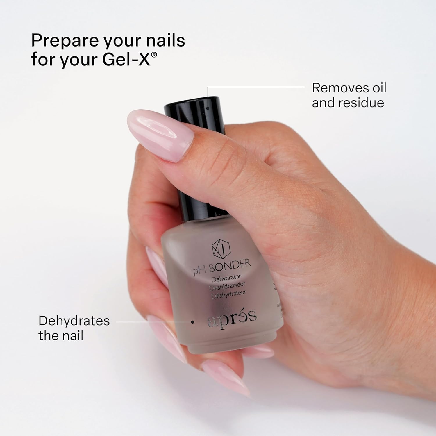 APRES Non-Acidic Gel Primer bottle creates tacky surface for long-lasting wear.