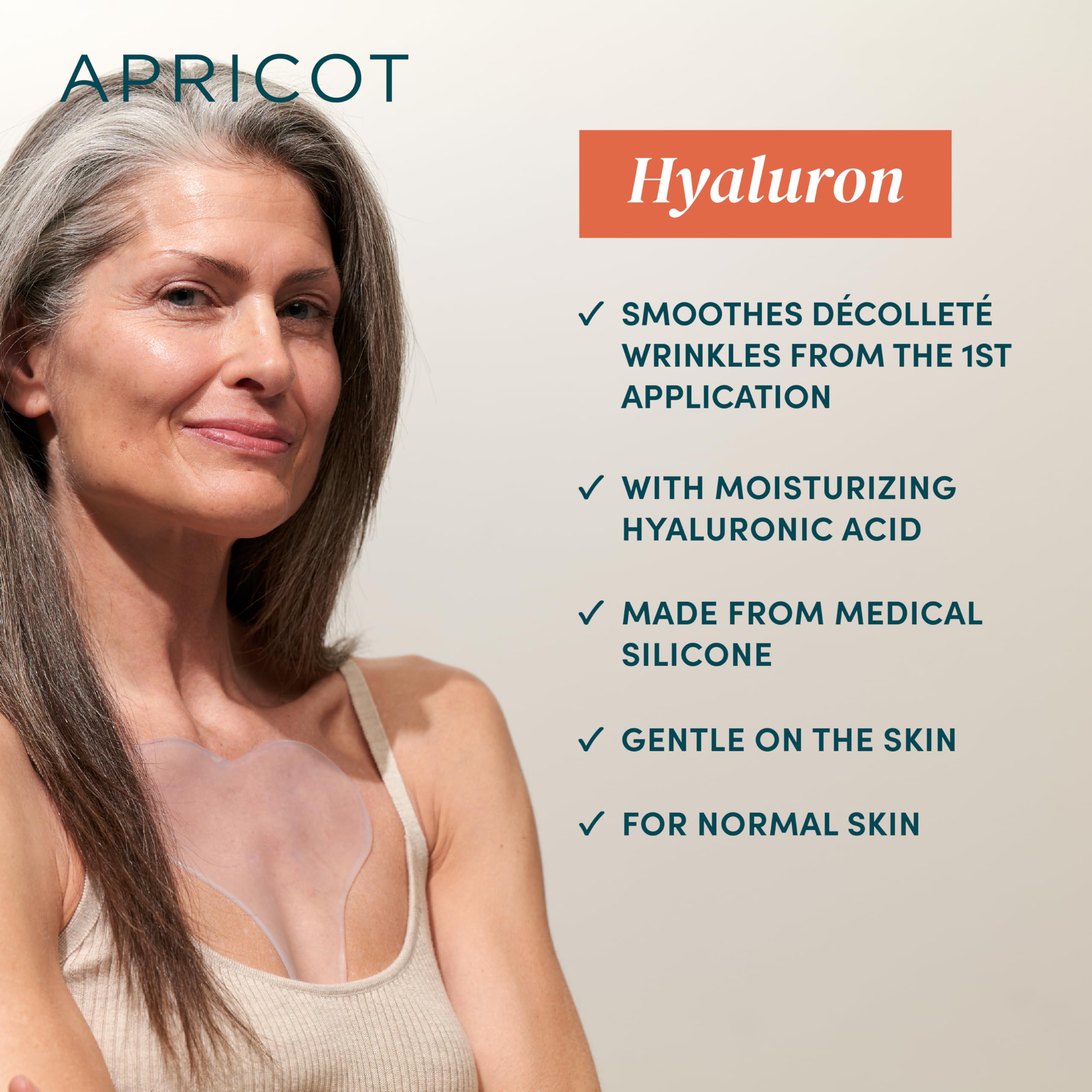 APRICOT silicone chest pad during application for immediate wrinkle reduction.