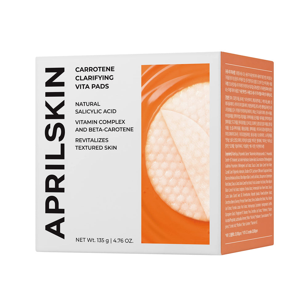No sulfates and artificial fragrance badge on APRILSKIN Carrotene Clarifying Pads packaging.
