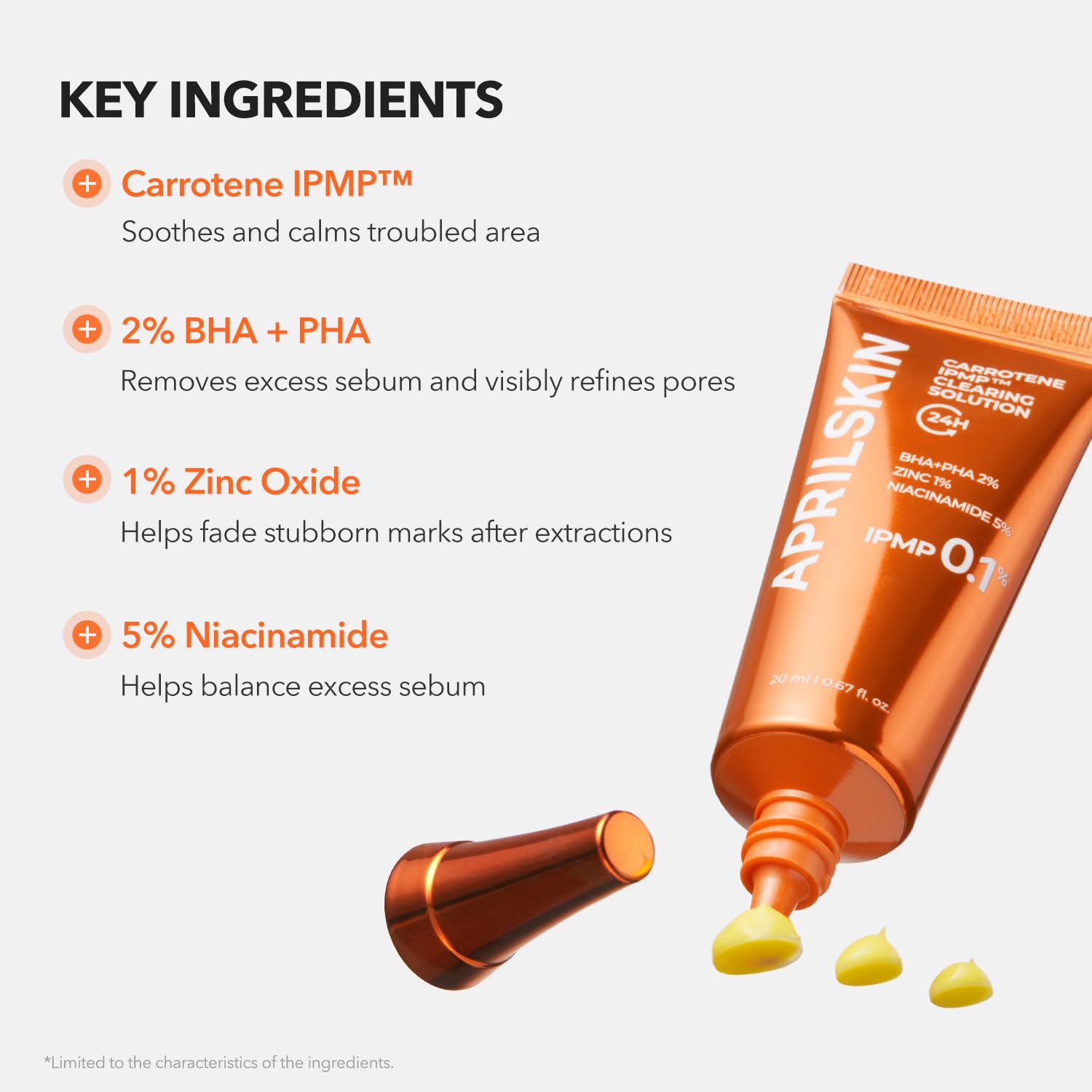APRILSKIN Carrotene IPMP Clearing Solution face closeup, showing quick calming action and clarity.