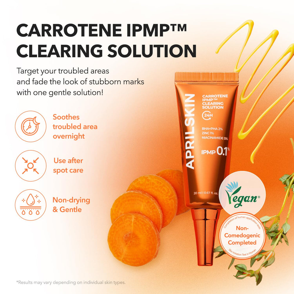APRILSKIN Carrotene IPMP Clearing Solution swirl on hand, refreshing application for calm, clear skin.