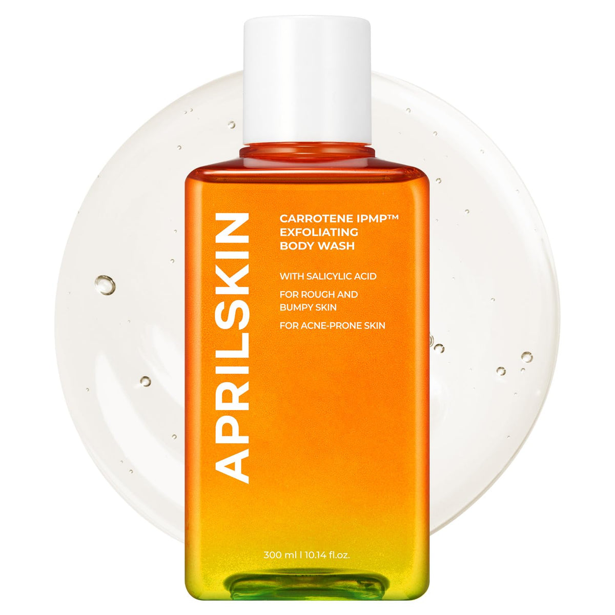 APRILSKIN Carrotene IPMP exfoliating body wash bottle for daily exfoliation and smoother skin.