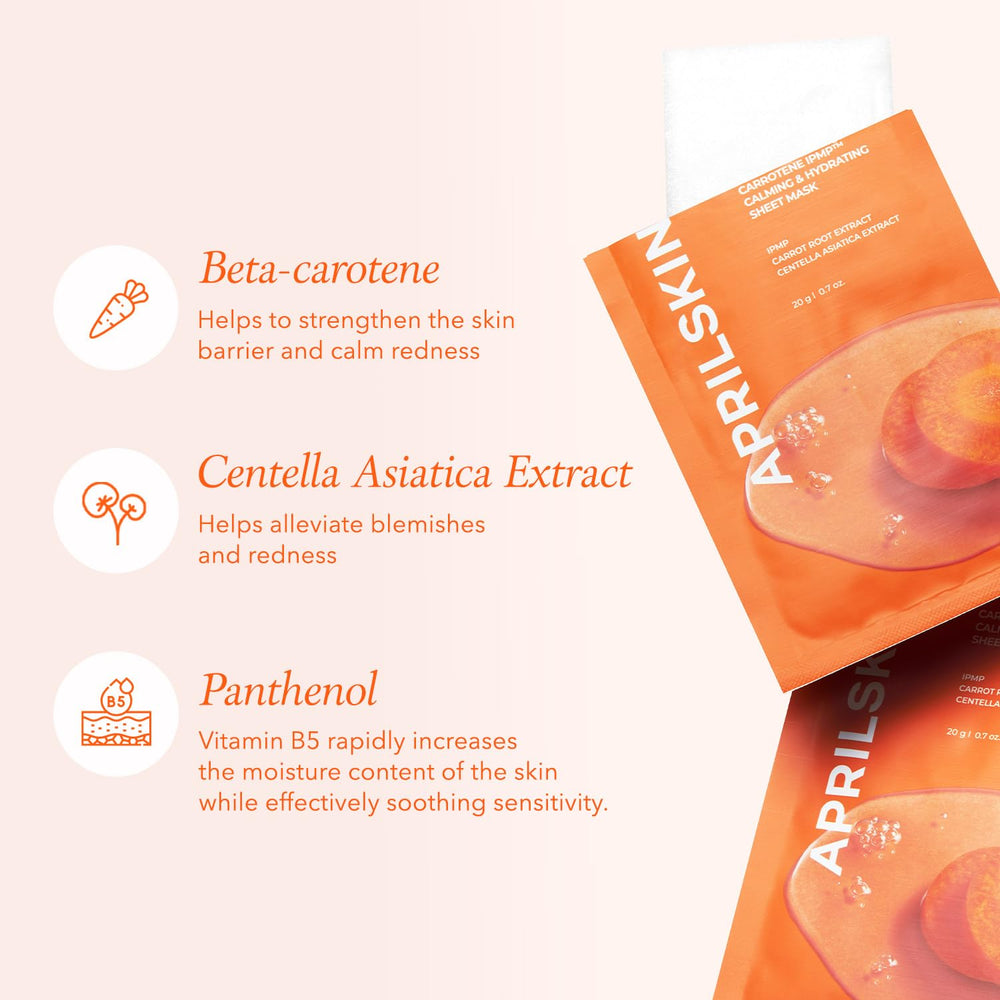 APRILSKIN Carrotene IPMP sheet masks laid out to illustrate product sheets and texture