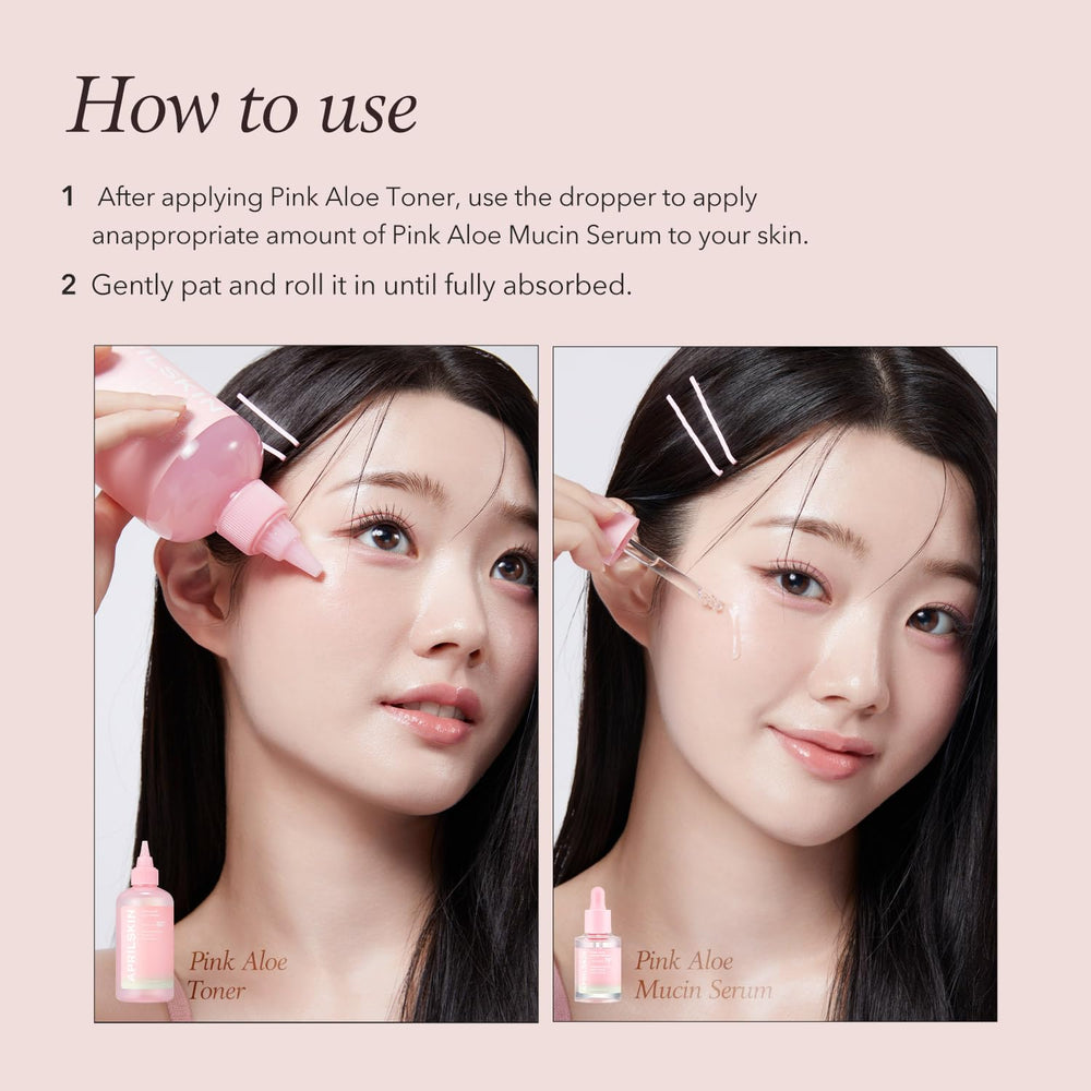 APRILSKIN Pink Aloe Mucin Serum on vanity with greenery.
