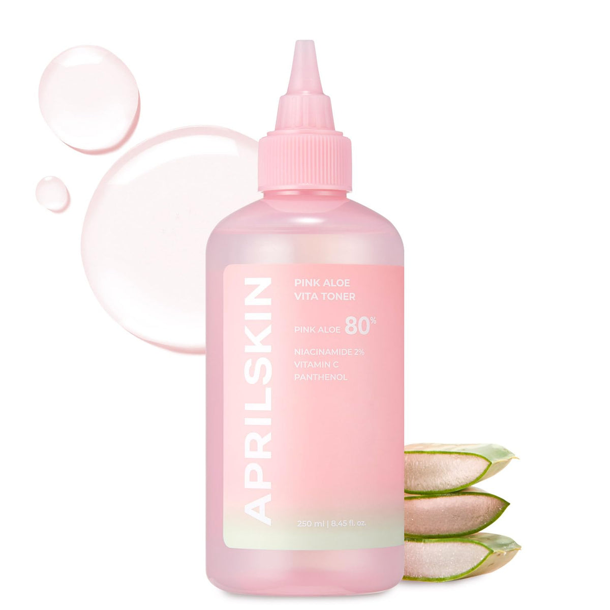 APRILSKIN Pink Aloe Vita Toner bottle front view, vegan packaging for calm, sensitive skin.