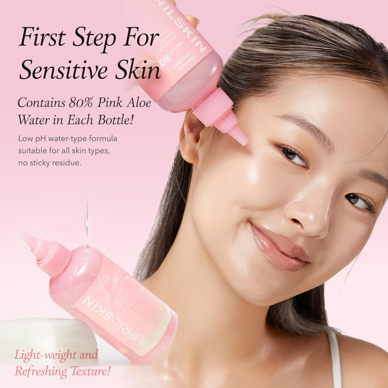 APRILSKIN Pink Aloe Vita Toner routine shot shows a refreshing step after cleansing.