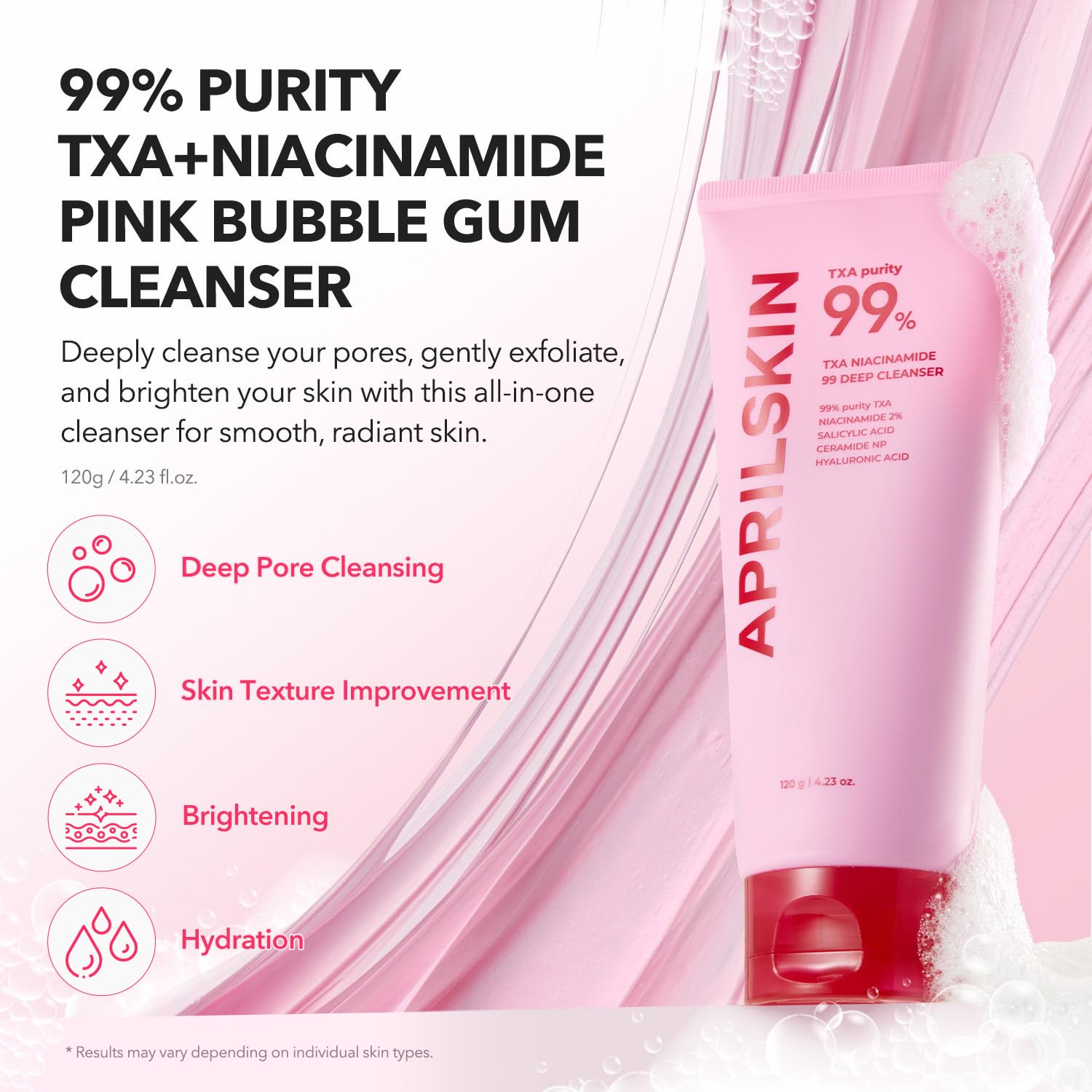 Closeup of chewy pink bubble gum texture of APRILSKIN cleanser