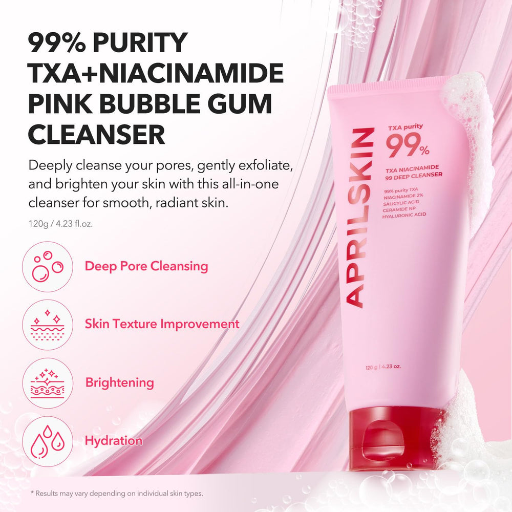 Closeup of chewy pink bubble gum texture of APRILSKIN cleanser