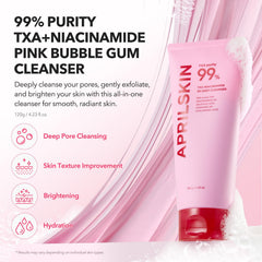 Closeup of chewy pink bubble gum texture of APRILSKIN cleanser