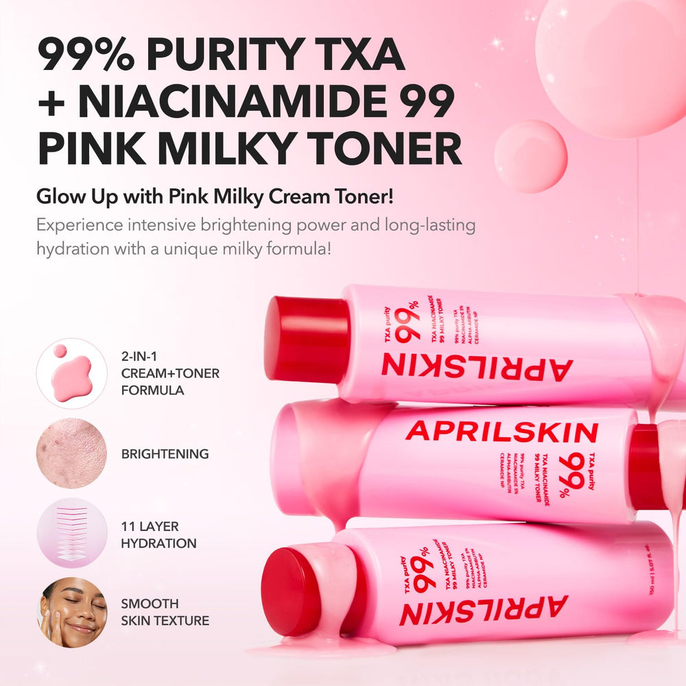 Close-up of pink milky toner dispensing to emphasize creamy hydration from APRILSKIN