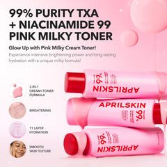 Close-up of pink milky toner dispensing to emphasize creamy hydration from APRILSKIN