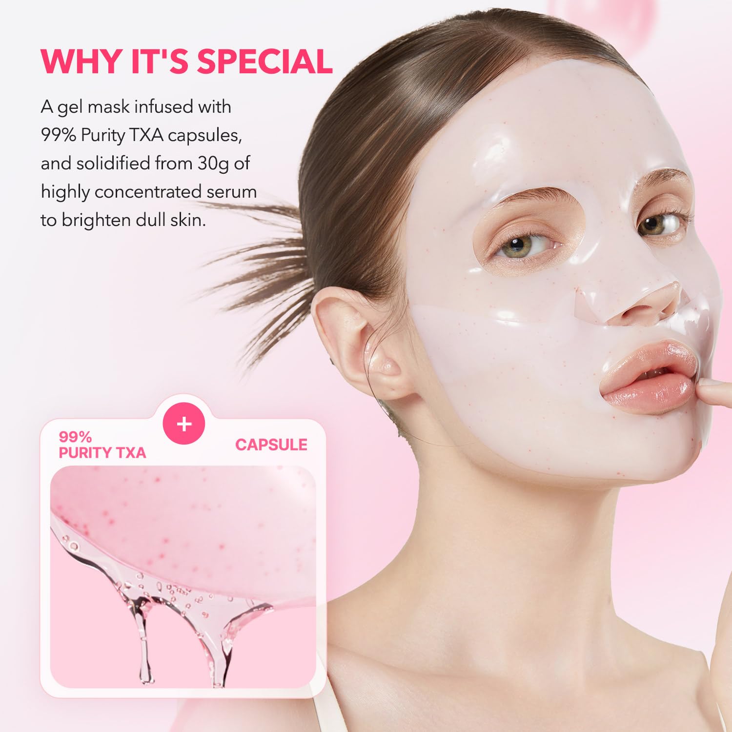 APRILSKIN TXA Pink Capsule Gel Mask shows transparent absorption as capsules release TXA