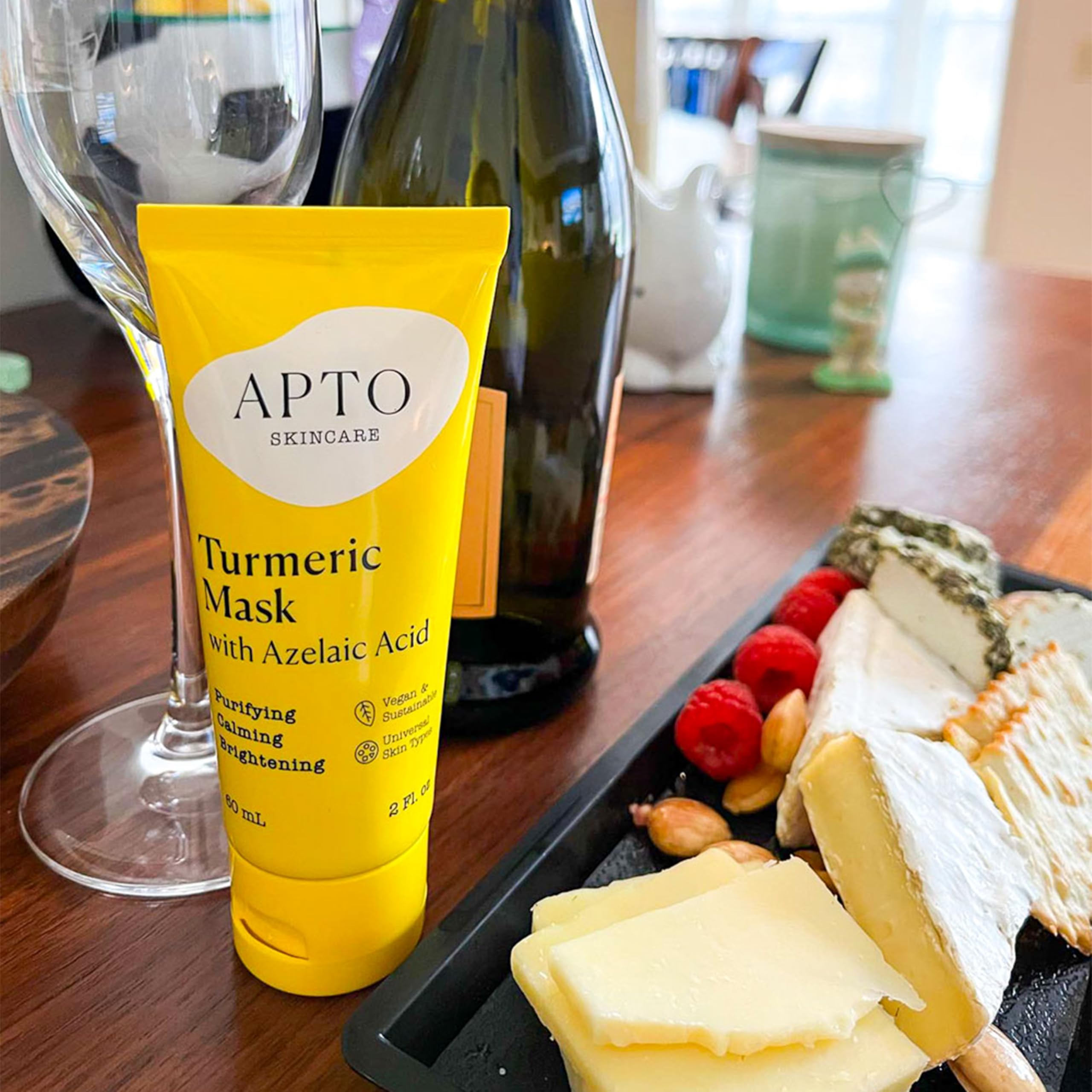 APTO Turmeric Mask on bathroom shelf evokes spa-like self-care.